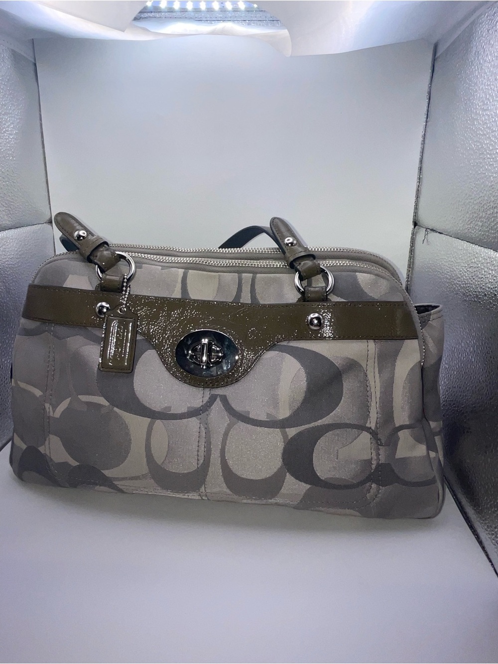 Coach Gray Signature Satchel with Taupe Patent Trim